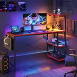 Bestier Gaming Desk with LED Lights, Computer Desk with 4 Tiers Reversible Shelves, 51.3 Inch Gamer Desk with Side Storage Bag, Hooks and Height Adjustable Shelf Black Carbon Fiber