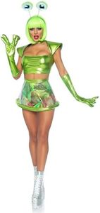Leg Avenue 87067-12625 5 Pc Beam Me Up Babe, Includes Metallic Lame Crop Top, Iridescent Clear Skirt, High Waist Panty, Alien Gloves, And Googly-Eye Headband, Xs, Green