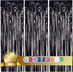 Propsicle 3 pcs 3ftx6ft Metal Black Foil Fringe Curtains Shimmer Backdrop Happy Birthday Party, Anniversary, Bachelorette, Baby Shower, Bridal Shower Decoration Item - Pack of 3