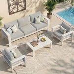 Wisteria Lane Outdoor Patio Furniture Sets, 4 Piece Aluminum Sectional Sofa, White Metal Conversation Set with Grey Cushions