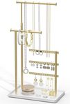 susswiff Jewelry Holder Organizer Stand - Adjustable Tall 17.5" (Max), Sturdy Jewelry Hanger for Necklaces, Earrings, Bracelets, Rings, Jewlery Display and Storage, Gold and White, Metal