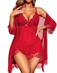 RSLOVE Women Sexy Lingerie Set 3 Piece Babydoll with Lace Kimono Robe Strap Chemise Mesh Nightgown Red M