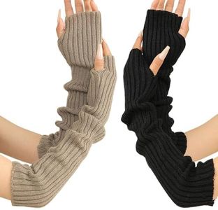 2Pcs Arm Warmers Winter for Women, 2024 Upgraded Fashion Long Fingerless Knit Mitten Gloves Arm Sleeves with Thumb Hole (Black Grey)