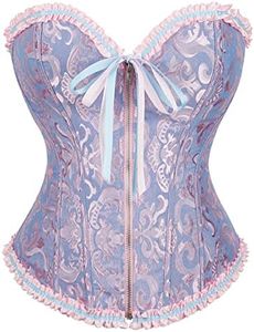 Moessa Corset Top Bustier Women's Overbust Satin Floral Lace up Trim Bodyshaper, Light Blue, X-Large