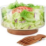 HouseJoy Large Salad Bowl Set, Glass Salad Bowl with Acacia Wood Base and Salad Hands, Serving Bowls for Fruits, Popcorn, Chips, Pasta, Microwave & Dishwasher Safe, Kitchen Must-Have