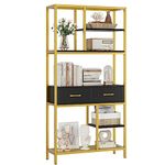 HOCSOK Bookshelf, 5 Tier Bookcase with Metal Frame and Drawers, Wooden Bookcase Storage Cabinet for Home and Office