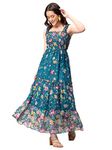 DRAPE AND DAZZLE Polyester Floral Printed Smocked Tiered Dress | Maxi Dress with Square Neck for Women (S, Teal), 13 Centimeters, 10 Centimeters