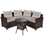 HAPPYGRILL 4PCS Outdoor Patio Furniture Set Wicker Sectional Sofa L-Shape w/Round Tempered Glass Top Table & Cushions Modern Conversation Set Curved Sofa Set for Garden Poolside Balcony