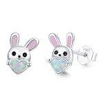 Rabbit Earrings 925 Sterling Silver Opal Bunny Studs Earrings for Sensitive Earrings Cute Animal Small Earrings Hypoallergenic Gifts Jewelry for Daughter Girlfriend Birthday, Metal, Opal