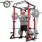 ER KANG Power Cage, 1200LBS Power Rack with LAT Pulldown, Multi-Function Squat Cage, Weight Cage with Pulley System Squat Rack for Home Gym with More Training Attachment (Power Rack Red)