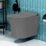 Plantex Platinum Ceramic Rimless Wall Hung Western Commode/Rimless Washdown Flushing System/P Trap Commode for Bathroom with Soft Close Toilet Seat (Smoke)