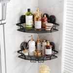 LEVERLOC Suction Cup Shower Corner Caddy 2 Pack, Drill-Free Heavy Duty Shower Shelf with Hooks, Wall Mounted Basket Organizer for Bathroom, Removable Rustproof Stainless Steel Shower Rack, Black