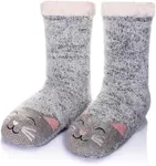 Women Winter Socks Knit Anti-Slip Sweat Warm Cute Cartoon Animals Fuzzy Home Slipper Socks (Grey Cat)