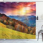 Ambesonne Nature Shower Curtain, Mountains in Autumn Theme Landscape and Vibrant Sunset Photography Print, Cloth Fabric Bathroom Decor Set with Hooks, 69" W x 70" L, Magenta Green