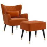 Vesgantti Velvet Accent Chair with Footstool and Lumbar Pillow, Modern Wing Back Armchair with Ottoman, Large Occasional Chair for Living Room Bedroom Study Room Office(Orange)