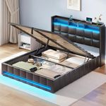 Rolanstar Full Size Bed Frame with Lift Up Storage, Charging Station & LED Lights, Upholstered Bed with Heavy Duty Wooden Slats, No Box Spring Needed, Noise Free, Easy Assembly, Black