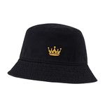 Men's Bucket Hat Crown King Embroidered Cotton Washed Unisex Casual Fisherman Hat, Black, 7 5/8