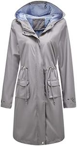 Homgro Women's Hooded Rain Jacket Long Waterproof Raincoat Casual Full Zip Anorak Midi Windbreaker Pockets, Grey, 30