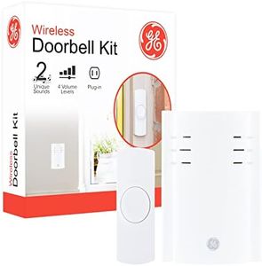GE Wireless Doorbell Kit, Plug-In Receiver, 1 Push Buttons Door Bell, 2 Melodies Doorbell Chime, 4 Volume Levels, Classroom Doorbell, 150 Ft Range, White, 19298