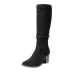 DREAM PAIRS Women's Knee-High Boots, Comfortable Chunky Block Heel Pointed Toe Pull On Side Zipper Suede Slouch Riding Boots,Size 6,Black,SDKB2308W