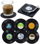 Kaxich 6pcs Retro CD Record Coasters with Holder Vinyl Mug Mats Non-Slip Drink Coaster Set for Wine Glass Tea Coffee Home Kitchen Decor Gift Idea