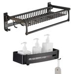 Plantex Aluminum Towel Rack/Towel Rod with Shelf for Bathroom Organizer/Towel Hanger with Hooks/Storage Shelf/Wall Mount/Floating Shelf - Bathroom Accessories (Black)