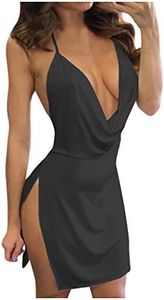 Robe de Cocktail Été Robe Femmes Fashion Dos Nu Côté Fendues Court Robe Sexy Col V Jarretelles Moulante Mini Robes de Soiree Pas Cher Grande Taille Robe Chic Elegant Décontractée Party Club Cocktail