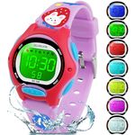 GUUMUXIN Children's Watch with Printed Strap and 7 Coloured LED Lights, 30 m Waterproof Digital Children's Watches for Boys Girls 4-12, purple