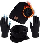 3 in 1 Hat Scarf Gloves Set Men Women Cold Weather Sets Fleece Lined Beanie Neck Warmer Touch Screen Gloves, Winter Hat Thermal Gloves Circle Loop Infinity Scarf(Classic, Black)