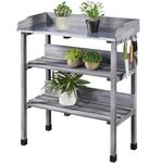 Yaheetech Garden Potting Table, Wooden Germination Table Planting Work Station Bench with Hooks and Shelves for Patios/Courtyards, Grey