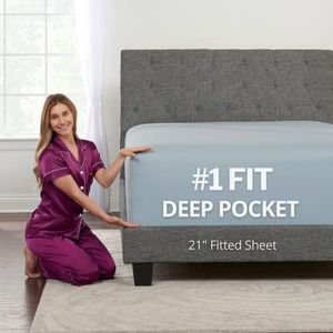 King Fitted Sheet Deep Pocket – Extra Deep Pocket Fitted Sheet King Size 17” - 21” Inch + Fitted Bed Sheets Only - King Size Fitted Sheets with Deep Pockets for Pillow Top Mattress - King Light Blue