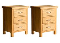 Set of 2 London Oak Bedside Table Storage Cabinet Units | Pair of Roseland Furniture Solid Wooden Side End Night Stands with 3 Drawers for Bedroom, Bathroom, Office | Fully Assembled, 56 x 42 x 32 cm