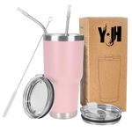 Y·J&H 30oz (850ml) Travel Tumbler Double Wall Vacuum Insulated Coffee Mug Stainless Steel Coffee Cup with 2 Splash Proof Lid, 2 Straws & Free Cleaning Brush, BPA Free - Pink