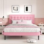 CXVX Full Size Bed Frame, Platform Bed with Upholstered Button Tufted Headboard, Wood Slats Support, No Box Spring Needed, Easy Assembly, Pink