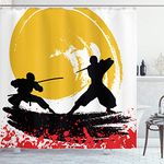 ABAKUHAUS Japanese Shower Curtain, Watercolor Style Silhouette Ninjas in the Moonlight Medieval, Cloth Fabric Bathroom Decor Set with Hooks, 78 Inches, Vermilion Mustard