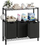 Laundry Sorters 3 Section with 3 X 45L Laundry Bags, 2 Tier Adjustable Metal Storage Shelf, Pull-Out & Removable Oxford Fabric Laundry Baskets, Black