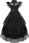 Sukyfecde Wednesday Addams Dress Costume for Kids Girls Wednesday Addams Family Cosplay Outfit Halloween Dress up With Belt Wednesday Addams Dance Dress Size 12 (11-12 Years, Black)