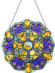 12 Inch Round Stained Glass Window Panel Tiffany Style Ornament Handmade Flower Suncatchers for The Windows Or Wall,Purple and Yellow