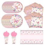 81 Pcs Butterfly Party Supplies Pink Purple Party Birthday Decorations Tableware Set Plates Napkins Tablecloth Cups Spoons Knives Forks for Girls Women,Serve 10