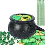 D-ChuangX 211 Pcs St. Patrick's Day Candy Cauldron Kettle Set with Lucky Shamrock Plastic Coins & Bead Necklace and 3-Leaf Fabric Accessories - Pot of Gold Party Favors & Decoration Supplies