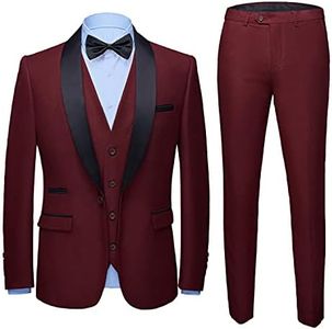 MY'S Costume 3 pièces pour homme avec châle et revers à un bouton - Coupe ajustée - Veste de dîner - Pantalon et cravate, rouge profond, Taille XL