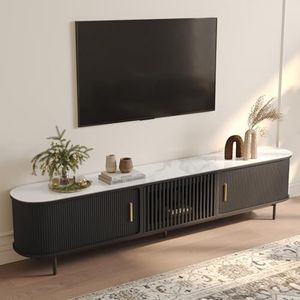 POVISON Fully-Assembled Sliding Tambour Door TV Stand, Mid Century Modern Sintered Stone TV Console, Wood Media Console for 85 Inch TV, Entertainment Center with Storage Cabinet(Black, 94.49")