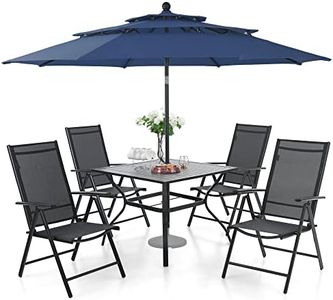 MFSTUDIO 6 Pieces Patio Dining Sets with Umbrella, Heavy Duty Square Metal Table with 4 Adjustable Folding Textilene Chair (Black) and one 10 Ft Patio Umbrella (Blue), Outdoor Furniture for 4