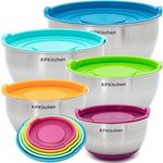 KPKitchen Stainless Steel Mixing Bowls with Lids Set of 5 - New Designed Air-Tight Lids for Kitchen - Non-Slip Rubber Bottoms & Measurement Marks - Size 5, 4, 3, 2.5,1.5 QT Nesting Bowls for Storage