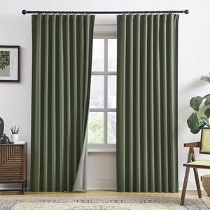 RAIN CITY Extra Wide Linen Blackout Curtains & Drapes with Hooks 70 in Width for 60&72 Inch Window 2 Panels,Back Tab Pleated Curtains for Track System Sliding Glass Door 70x90,Loden Olive Green