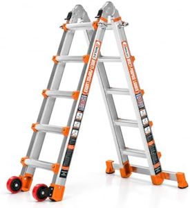 Wolec Home DIY Multi-Position Ladder: Rock-Solid Stabilizer & Wheels - Heavy Duty Aluminum Extension Telescoping Ladder for Indoor & Outdoor Maintenance,17 FT Orange