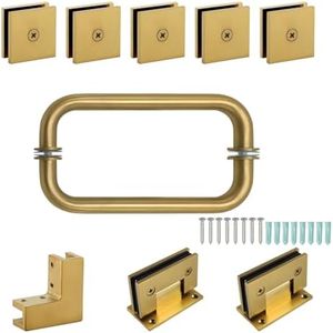 FEKEWIO Shower Door Hardware Kit Frameless Swing Hinged Corner Shower Enclosure Accessories Parts for 5/16” 3/8” to 1/2" Thick Glass Panle with Hinges 8 inch Handles Glass Clamp - Brushed Gold
