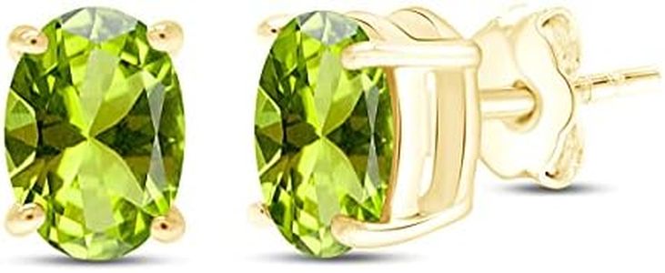 AFFY 8X6MM Oval Shape Birthstone Simulated Peridot Solitaire Stud Earrings With Friction Back for Women In 14K Yellow Gold Over Sterling Silver (VVS1- VVS2 Clarity)