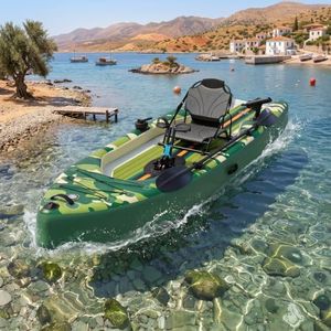 Danrelax Inflatable Kayak with Pedal System, Premium 12ft PVC Fishing Kayak with Aluminum Seat, Rudder System, Motor Mounting Board, and Accessories Included, Camouflage & Green (HIN Included)