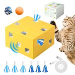 Migipaws Interactive Cat toy,Automatic Feather+Ribbon Pop Out Hide in 12 Holes for Indoor Cats,Upgrade Whack A Mole Kitten Toy,Smart Sensor,DIY Carton Box Toy,Rechargeable